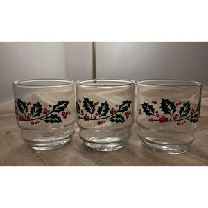 Set Of 3 VTG Indiana Glass MCM Holly Berry Rocks Juice 10oz Retro XMAS Bar Party